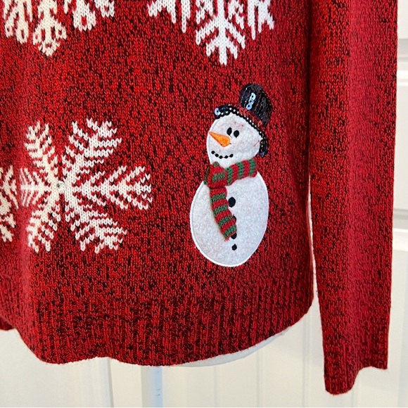 Karen Scott Christmas Snowman Snowflakes Red Sequins Sweater Long Sleeve PM - Picture 3 of 12